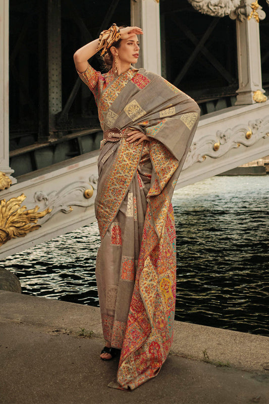 Ecru Yellow Kashmiri Silk Saree with Designer Same Colored Blouse