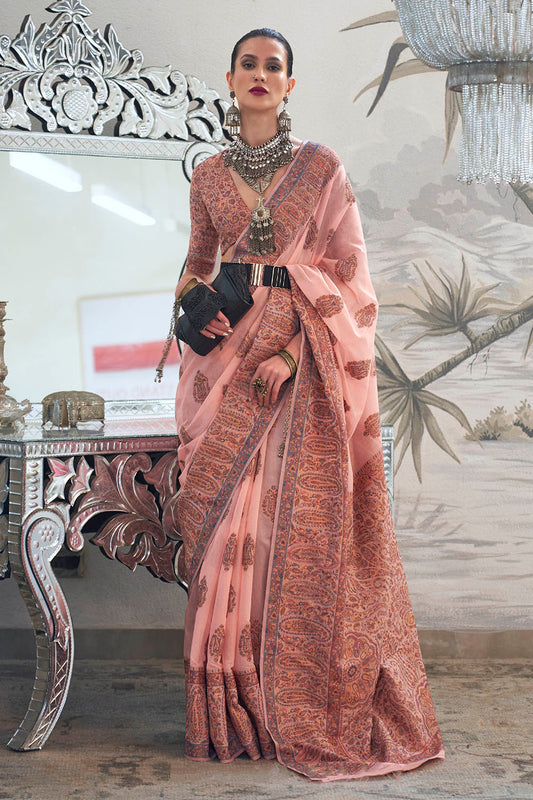 Taffy Pink & Red Floral Design Kashmiri Kani Saree with Designer Blouse