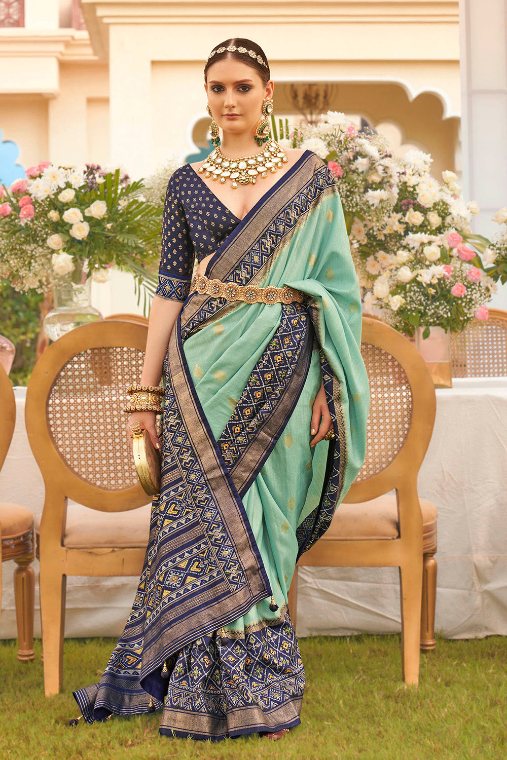 Baby Blue & Blue Ikkat Patola Saree with Designer Contrast Blouse