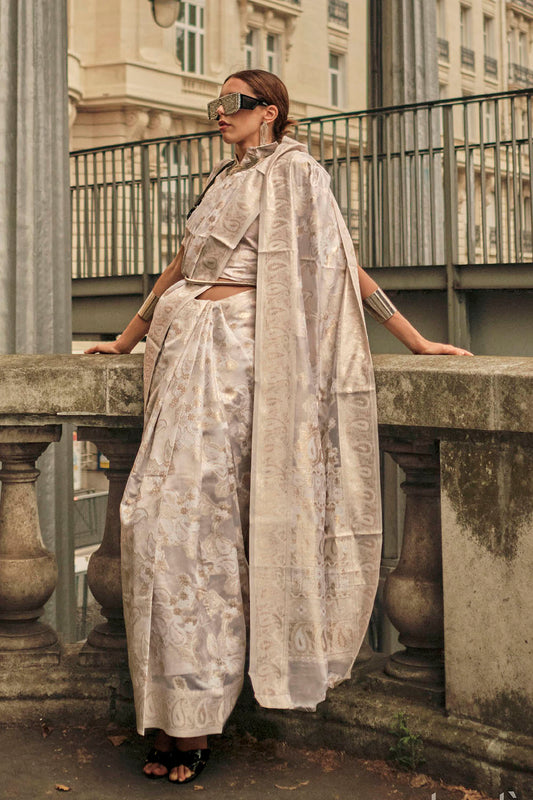 Cream & Golden Border Lucknowi Chikan Kari Saree with Same Colored Designer Blouse