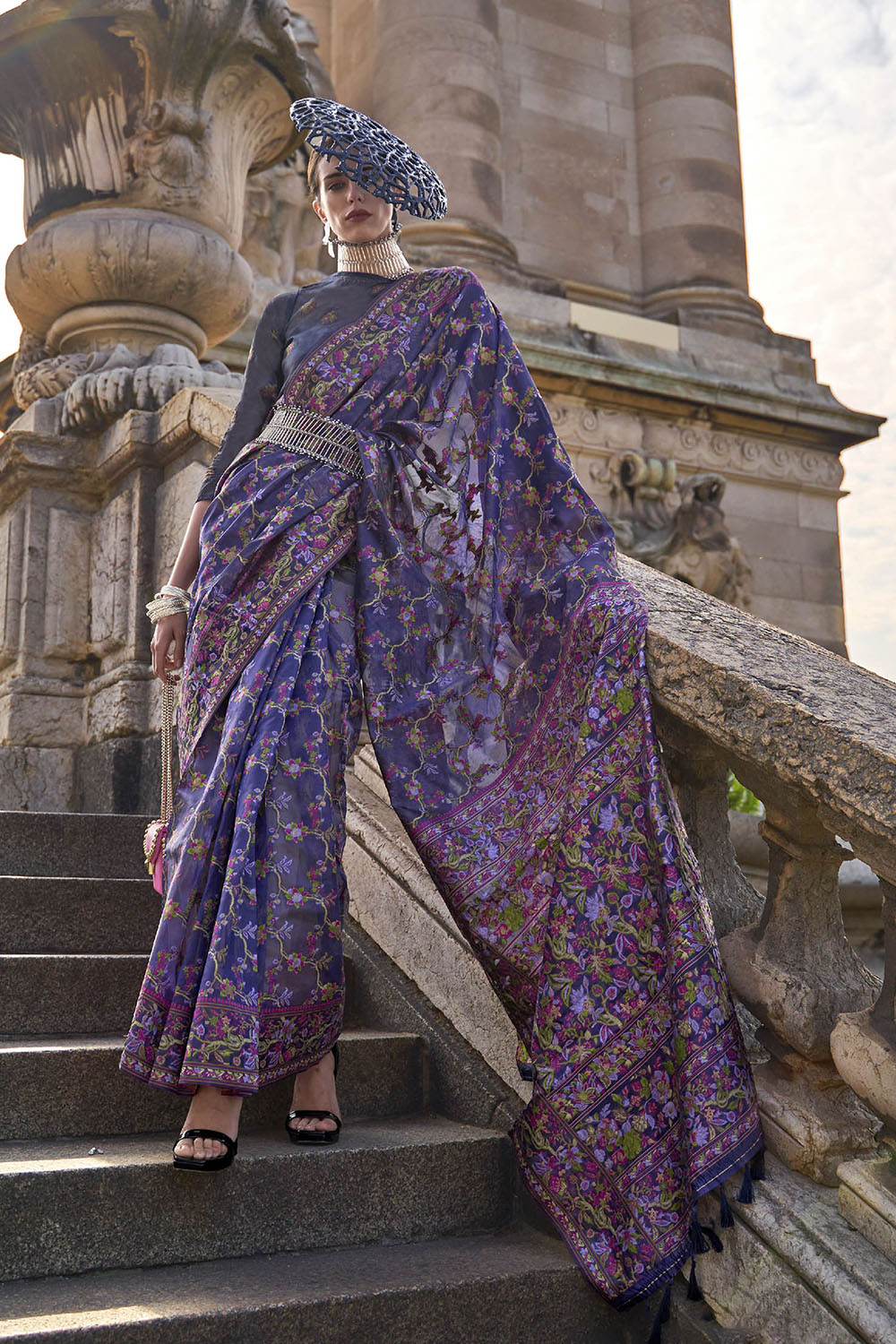 Voilet Purple Floral Designer Kashmiri Silk Saree with Same Colored Blouse