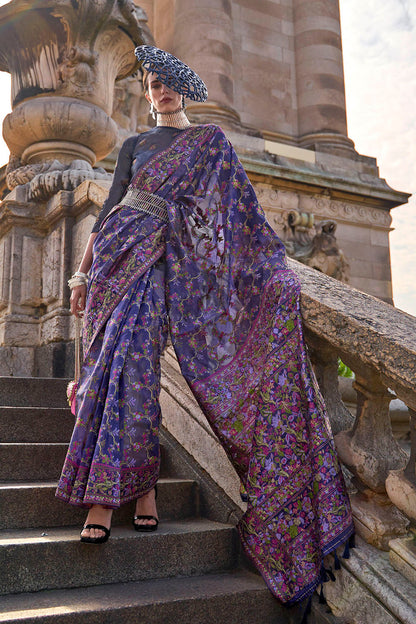 Voilet Purple Floral Designer Kashmiri Silk Saree with Same Colored Blouse