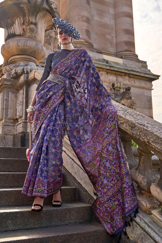 Voilet Purple Floral Designer Kashmiri Silk Saree with Same Colored Blouse