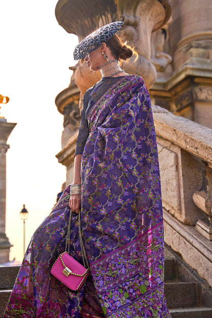 Voilet Purple Floral Designer Kashmiri Silk Saree with Same Colored Blouse