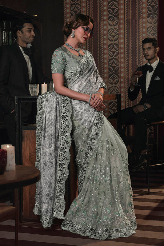 Pewter Grey Party Wear Saree with Designer Border & Contrast Blouse