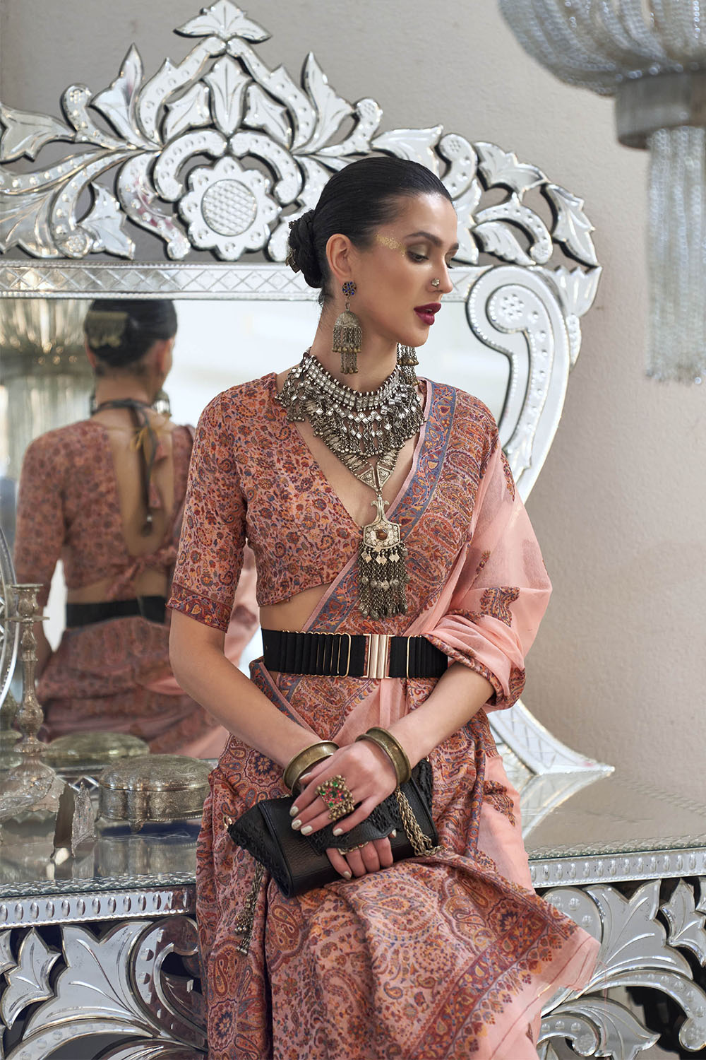 Taffy Pink & Red Floral Design Kashmiri Kani Saree with Designer Blouse