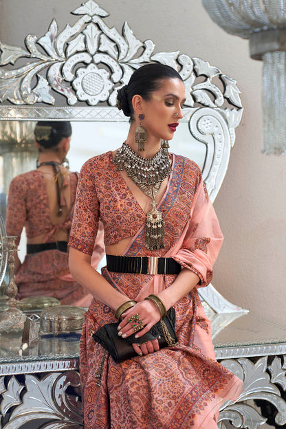 Taffy Pink & Red Floral Design Kashmiri Kani Saree with Designer Blouse