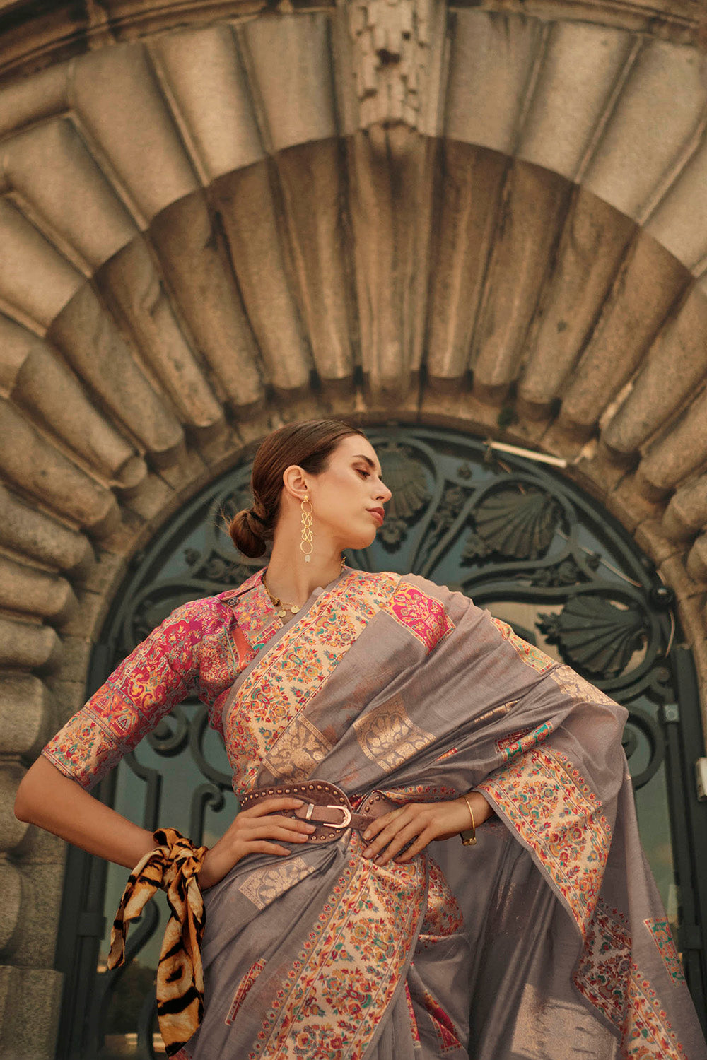 Ecru Yellow Kashmiri Silk Saree with Designer Same Colored Blouse