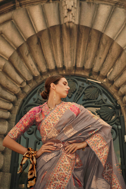 Ecru Yellow Kashmiri Silk Saree with Designer Same Colored Blouse