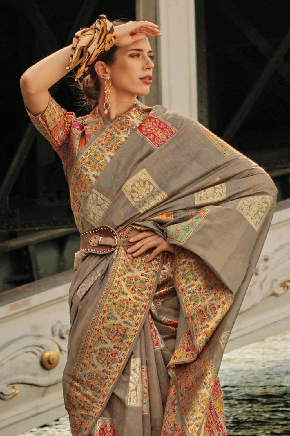 Ecru Yellow Kashmiri Silk Saree with Designer Same Colored Blouse