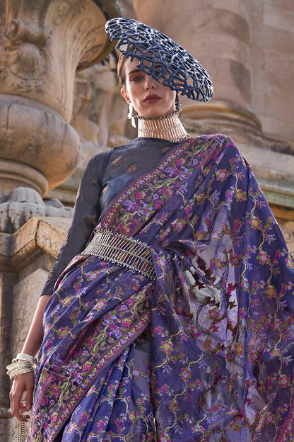 Voilet Purple Floral Designer Kashmiri Silk Saree with Same Colored Blouse