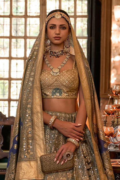 Champagne Golden Maharani Style Soft Silk Designer Lahenga Choli for Woman