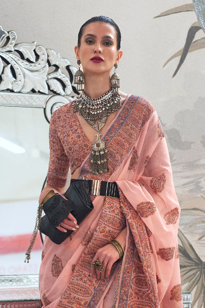 Taffy Pink & Red Floral Design Kashmiri Kani Saree with Designer Blouse