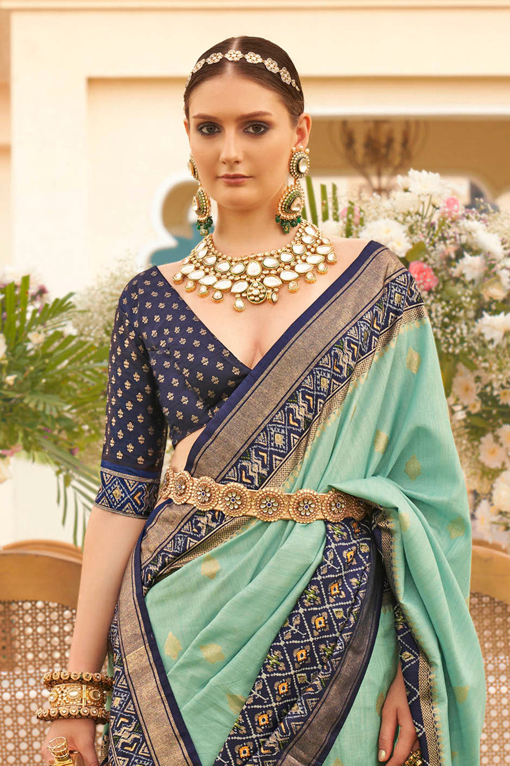 Baby Blue & Blue Ikkat Patola Saree with Designer Contrast Blouse
