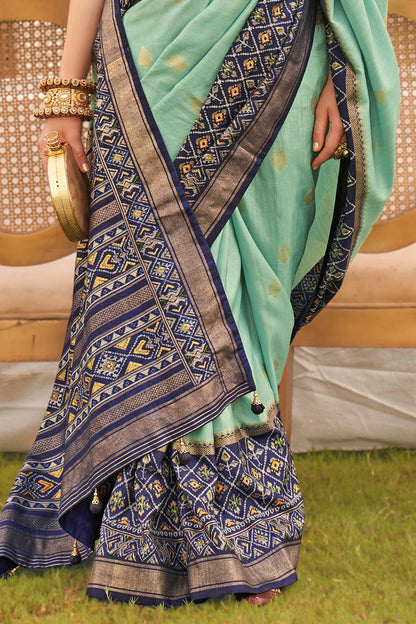 Baby Blue & Blue Ikkat Patola Saree with Designer Contrast Blouse
