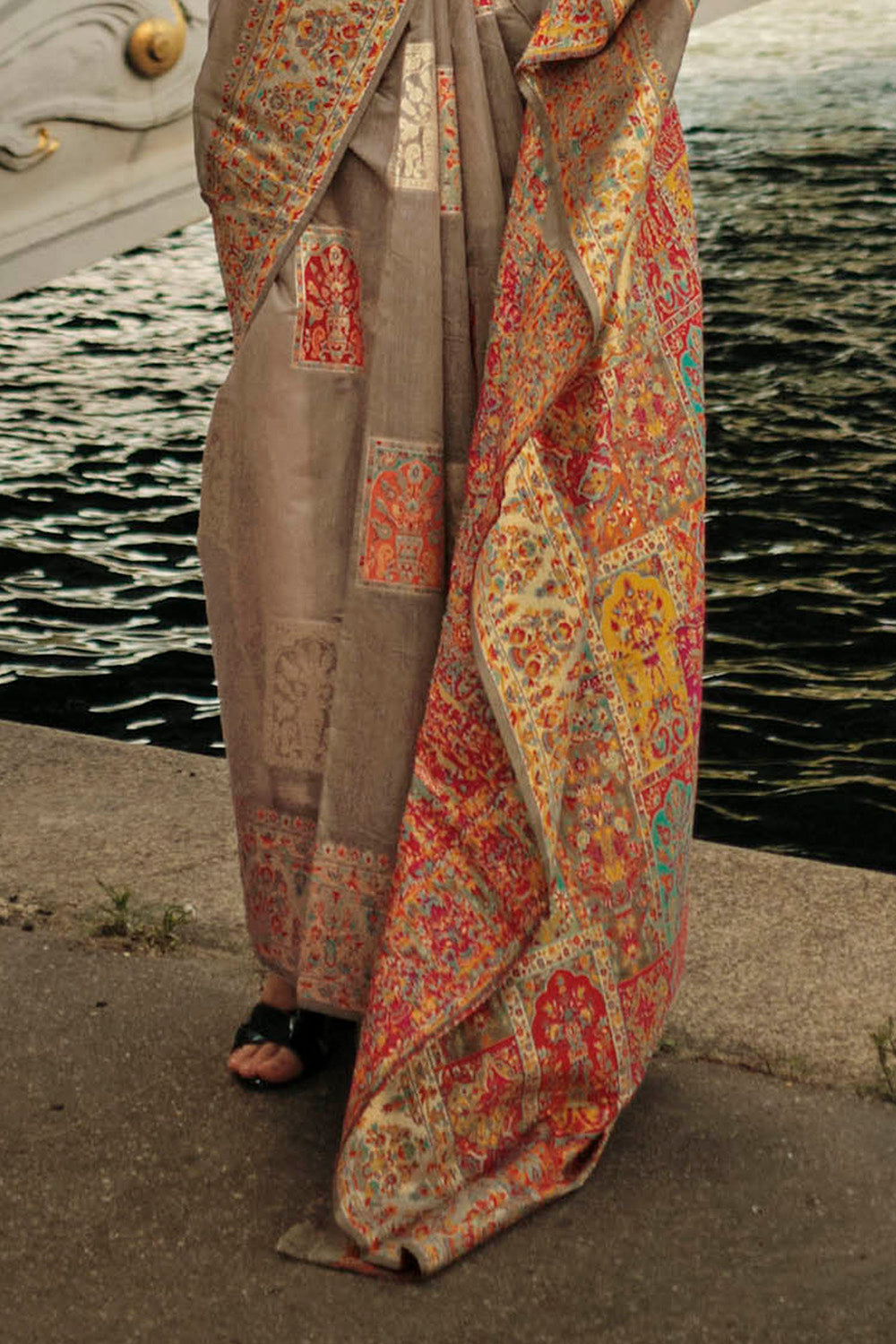 Ecru Yellow Kashmiri Silk Saree with Designer Same Colored Blouse