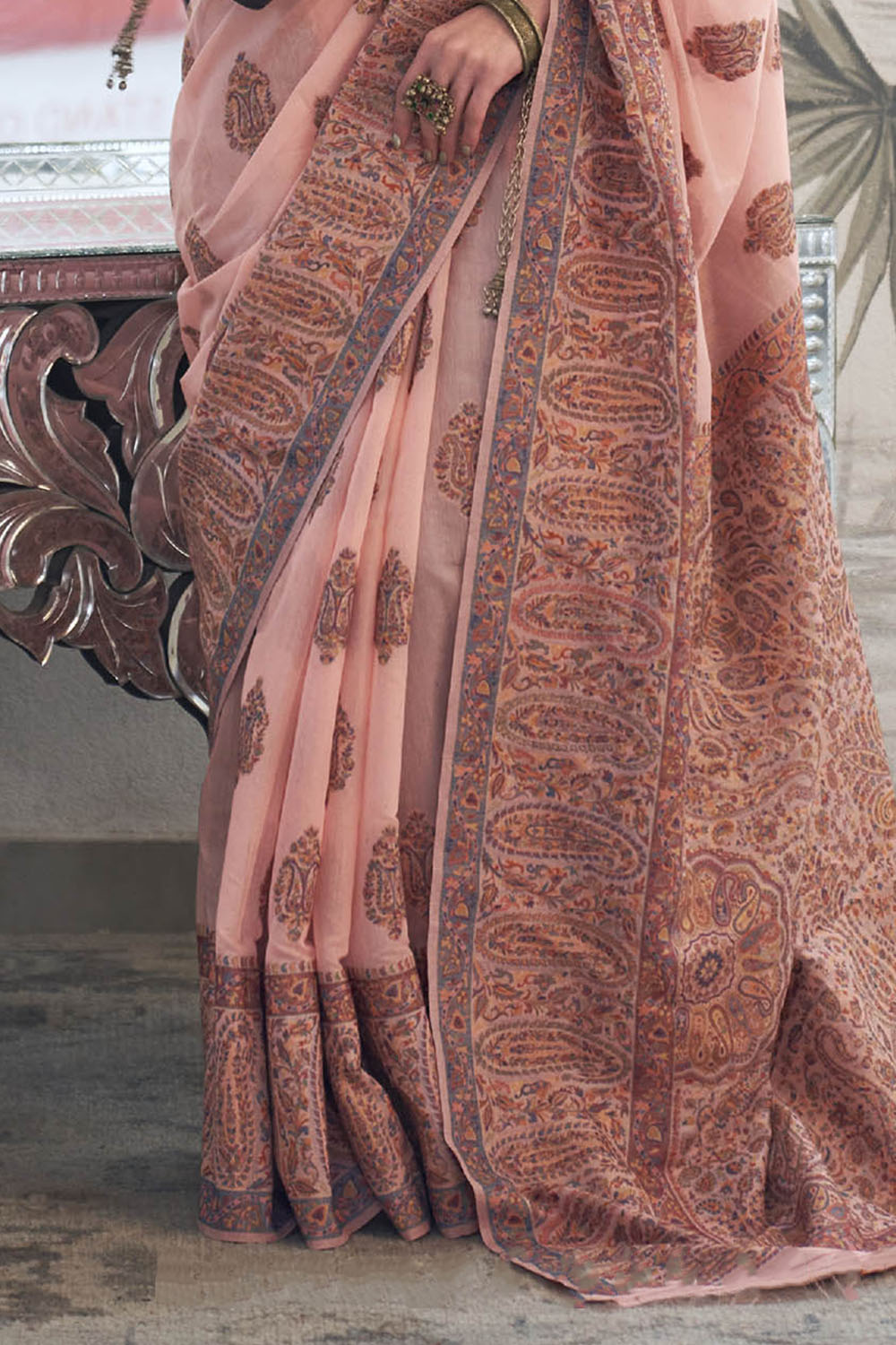 Taffy Pink & Red Floral Design Kashmiri Kani Saree with Designer Blouse
