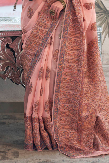 Taffy Pink & Red Floral Design Kashmiri Kani Saree with Designer Blouse