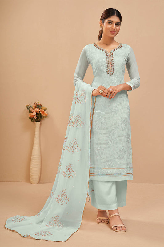 Powder Blue Designer Embroidery Neck Salwar Suit with Designer Dupatta and Pant