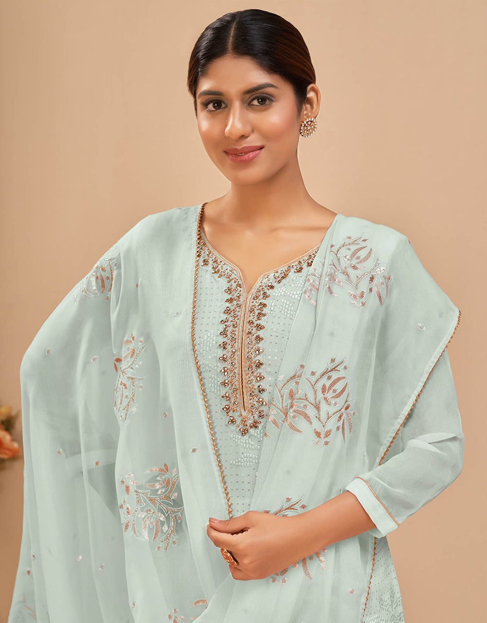 Powder Blue Designer Embroidery Neck Salwar Suit with Designer Dupatta and Pant