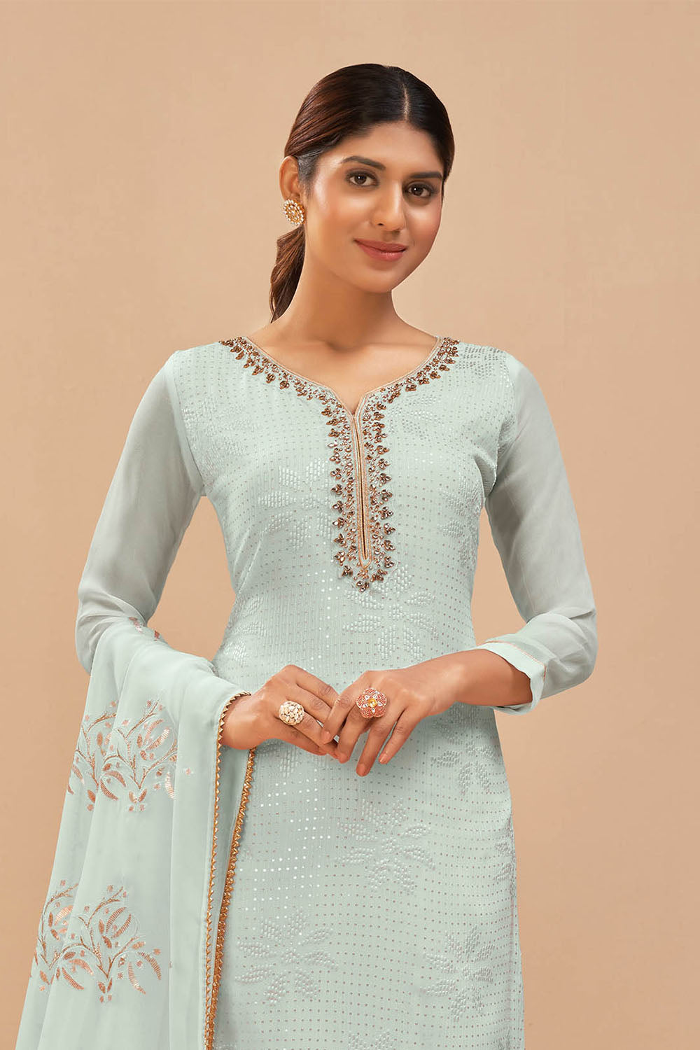 Powder Blue Designer Embroidery Neck Salwar Suit with Designer Dupatta and Pant