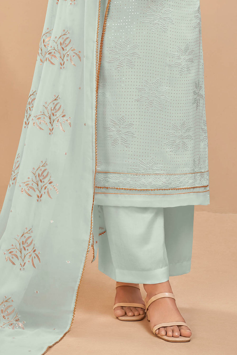 Powder Blue Designer Embroidery Neck Salwar Suit with Designer Dupatta and Pant