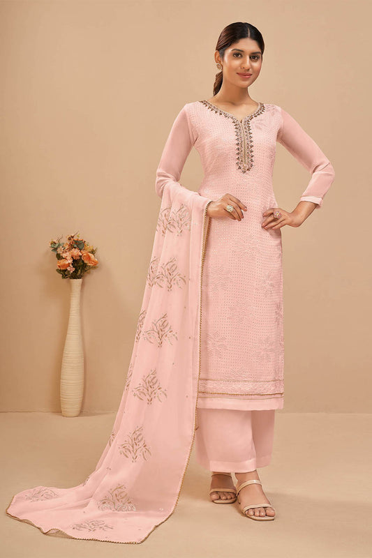 Peach Pink Embroidery Neck Anarkali Salwar Suit with Pretty Dupatta and Pant
