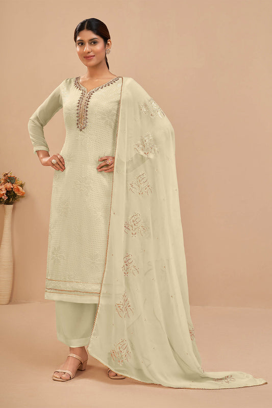 White & Golden Butti Embroidery Neck Anarkali Salwar Suit with Designer Dupatta