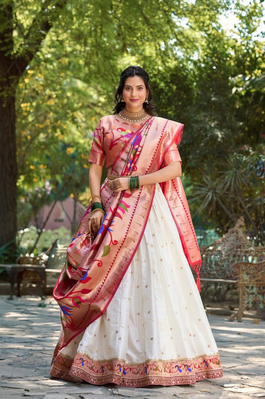 White Paithani Style Lahenga Choli with Designer Blouse and Dupatta