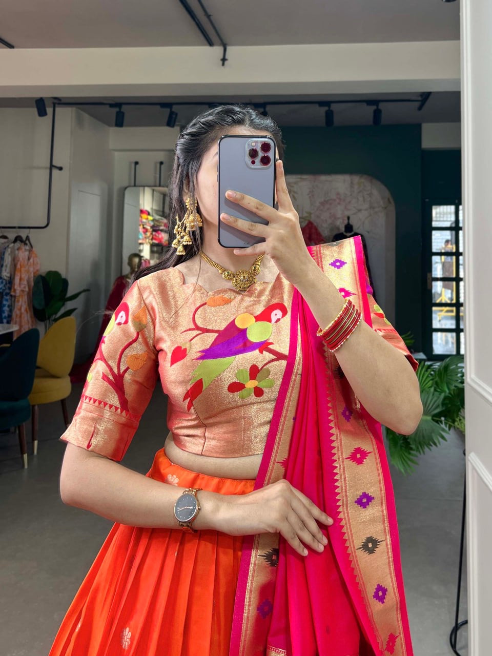 Paithani Silk Lahenga with Contrast Dupatta and Matching Painthani Blouse