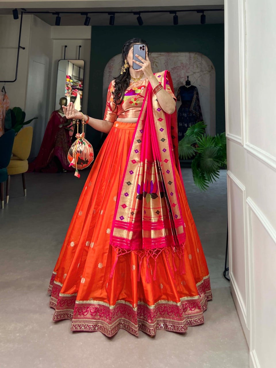 Paithani Silk Lahenga with Contrast Dupatta and Matching Painthani Blouse