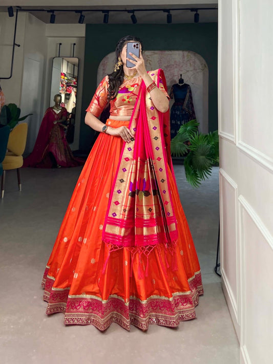 Paithani Silk Lahenga with Contrast Dupatta and Matching Painthani Blouse