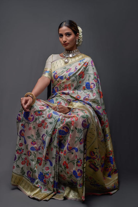 Pearl White and Golden Designer Paithani Silk Saree Blouse with Zari Border for Weddings & Receptions