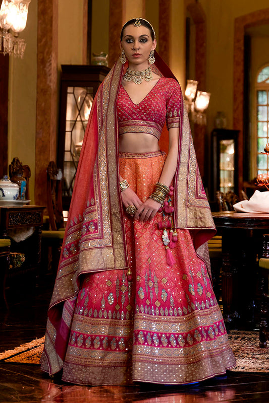 Magenta Pink & Orange Shade Bridal Lahenga Choli with Heavy Dupatta and Blouse