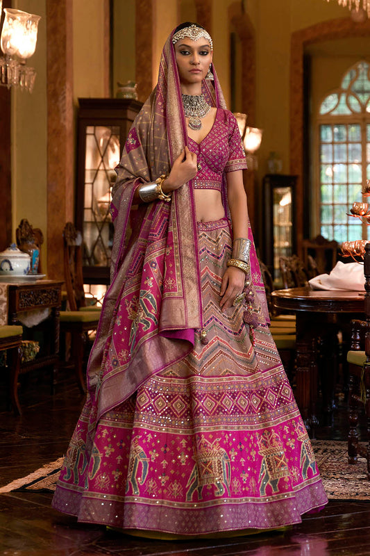 Hot Pink & Multi-colored Bridal Lahenga Choli with Beautiful Dupatta and Blouse