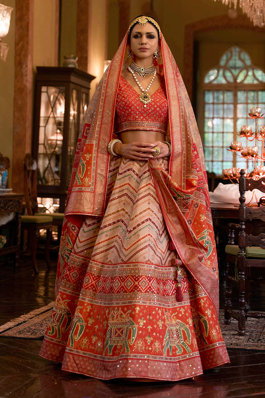 Pumpkin Orange & Multi-colored Designer Lahenga Choli Designer Dupatta and Blouse