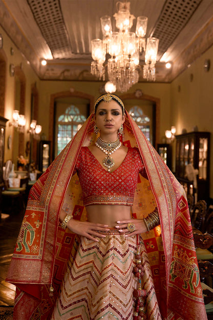 Pumpkin Orange & Multi-colored Designer Lahenga Choli Designer Dupatta and Blouse
