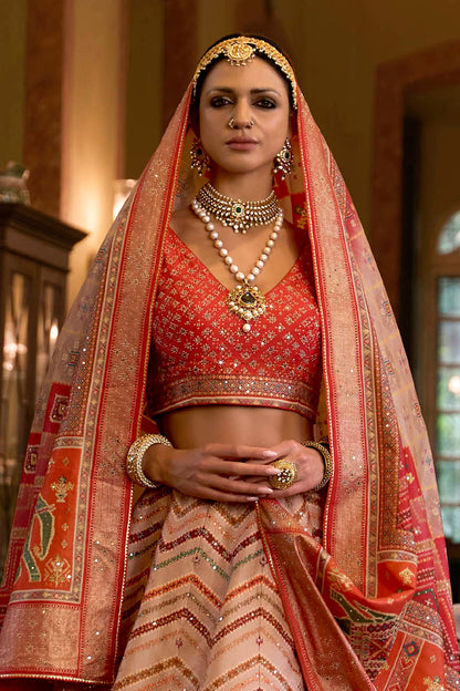 Pumpkin Orange & Multi-colored Designer Lahenga Choli Designer Dupatta and Blouse