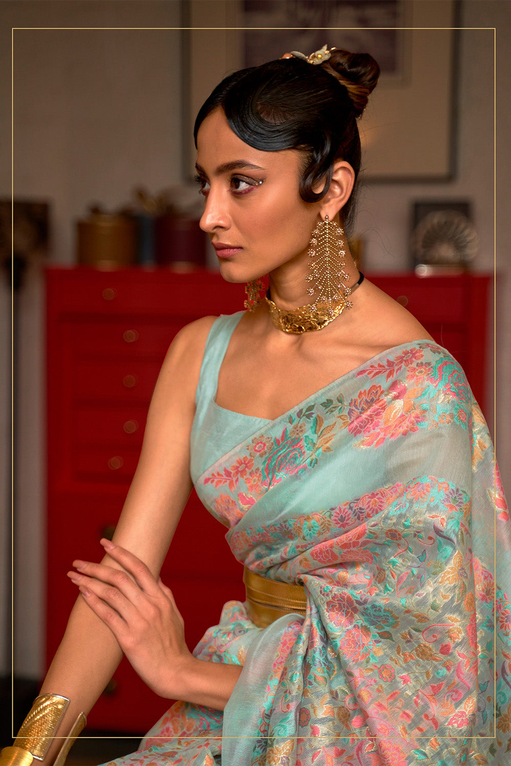 PASTEL BLUE Designer Kani Saree with Floral Weaving in Pallu and Border in Pure Modal Silk