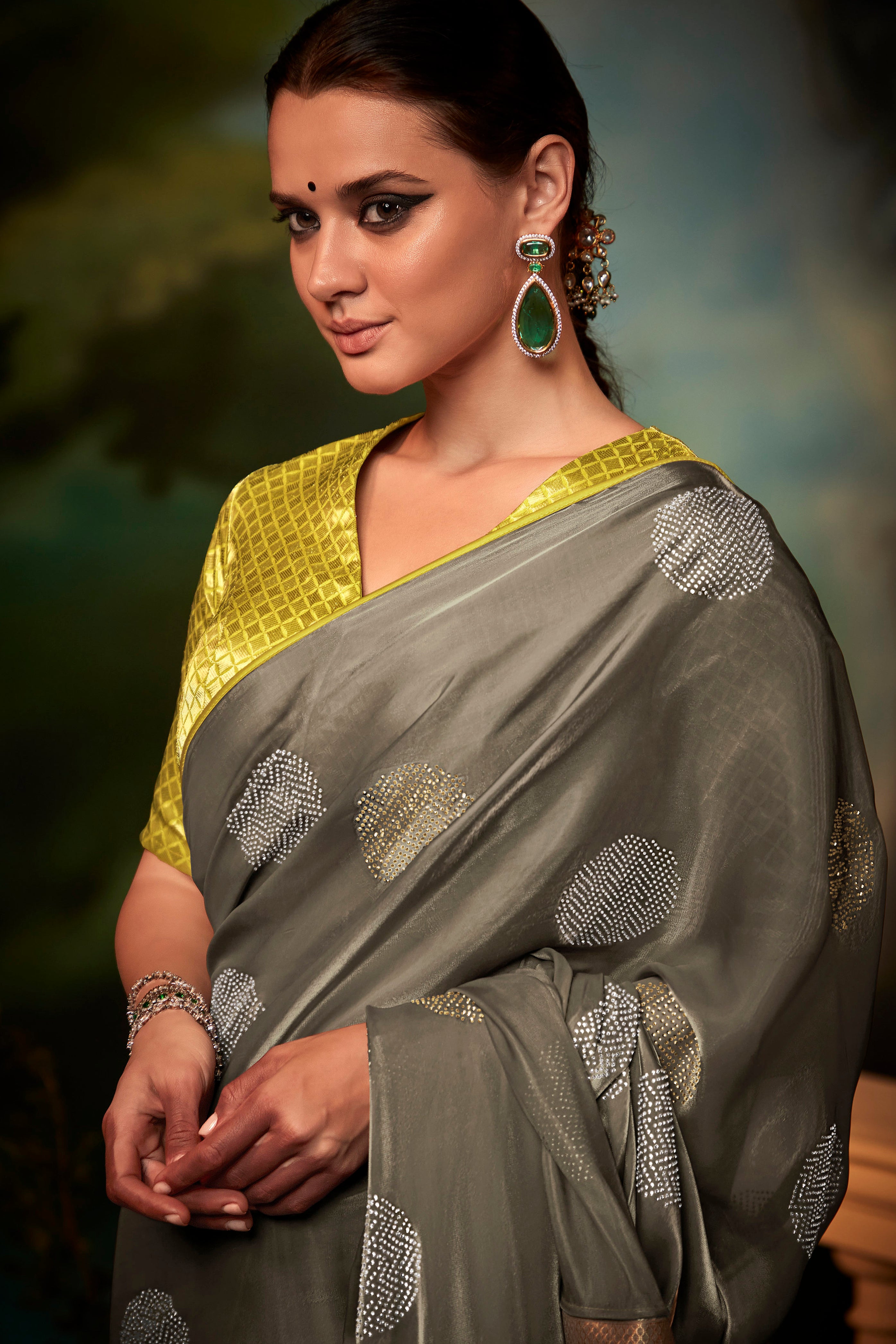 Grey fancy softy silk saree with floral & ogee patterns, intricately  designed border & pallu