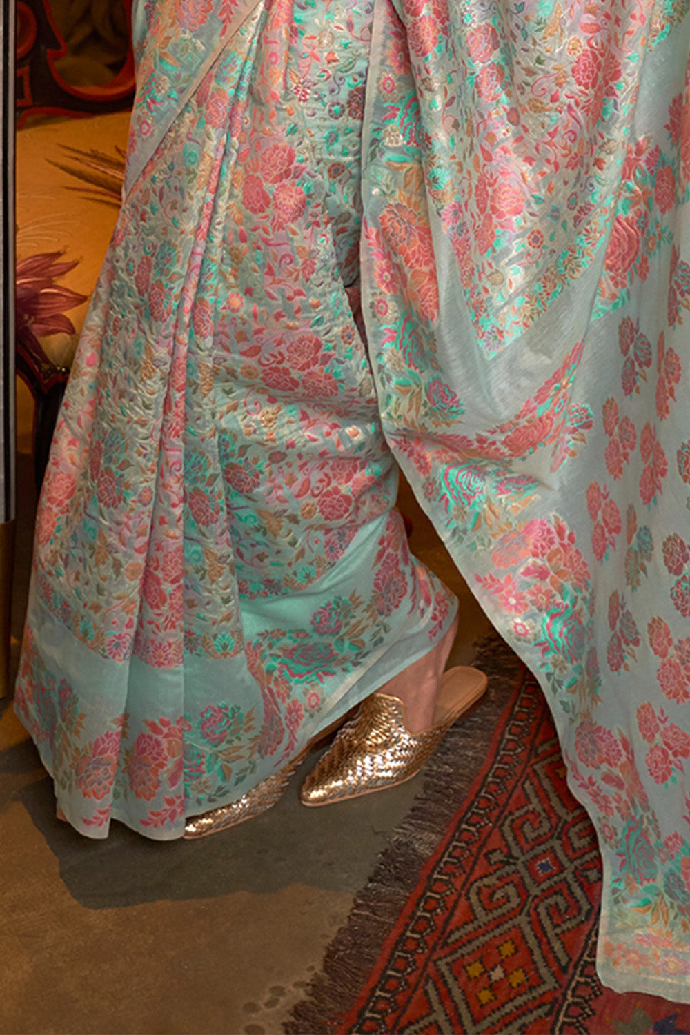 PASTEL BLUE Designer Kani Saree with Floral Weaving in Pallu and Border in Pure Modal Silk
