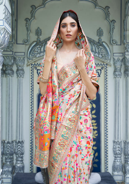 Powder White Kashmiri Handloom Modal Silk Woven Kani Saree for Weddings