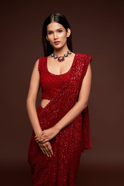 Blood Red Sequin emblished Designer Sparkling Georgette Saree Bloue for Every Occassions