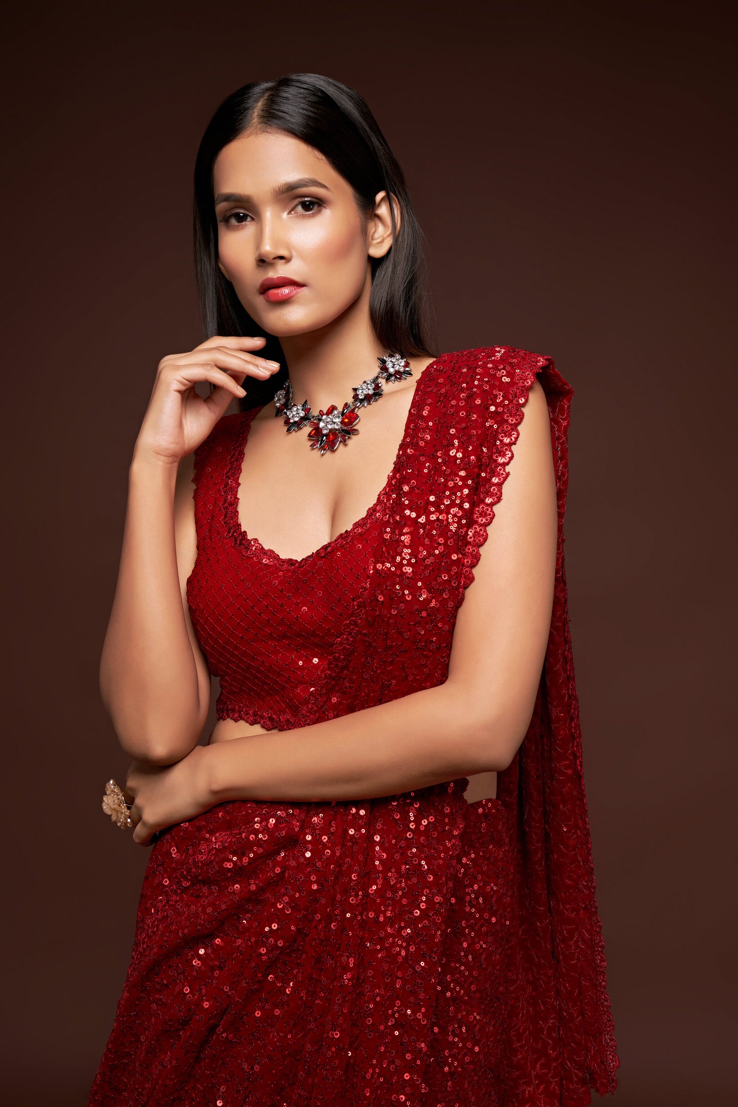 Blood Red Sequin emblished Designer Sparkling Georgette Saree Bloue for Every Occassions