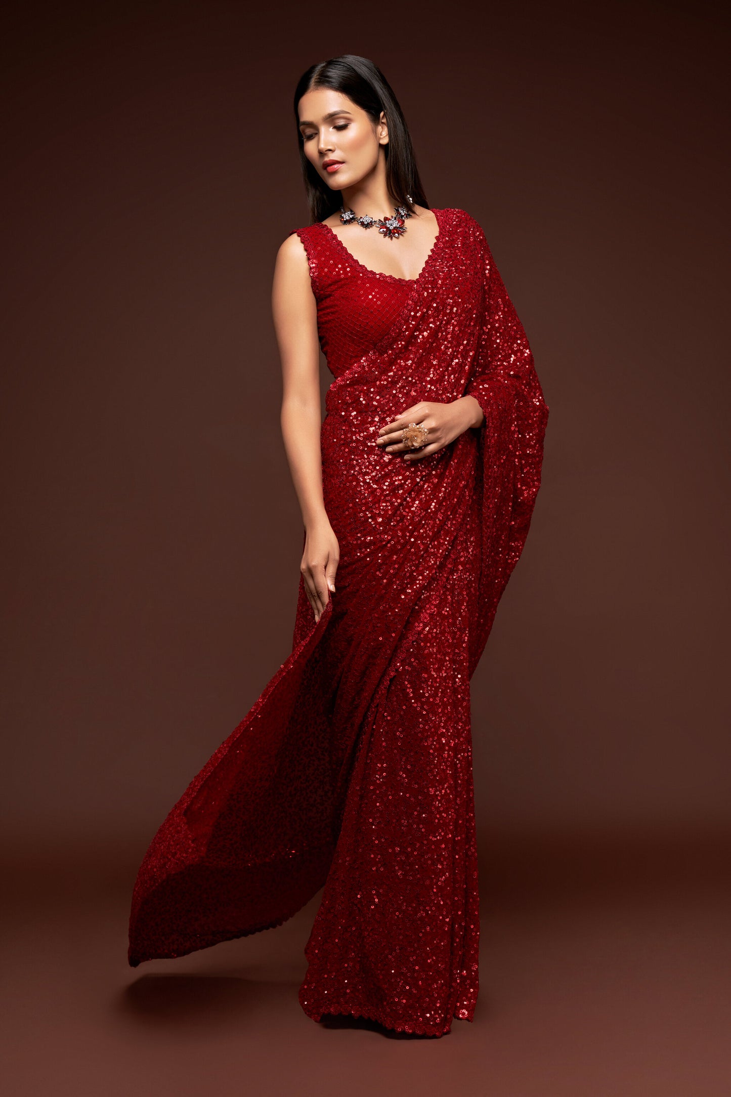 Blood Red Sequin emblished Designer Sparkling Georgette Saree Bloue for Every Occassions
