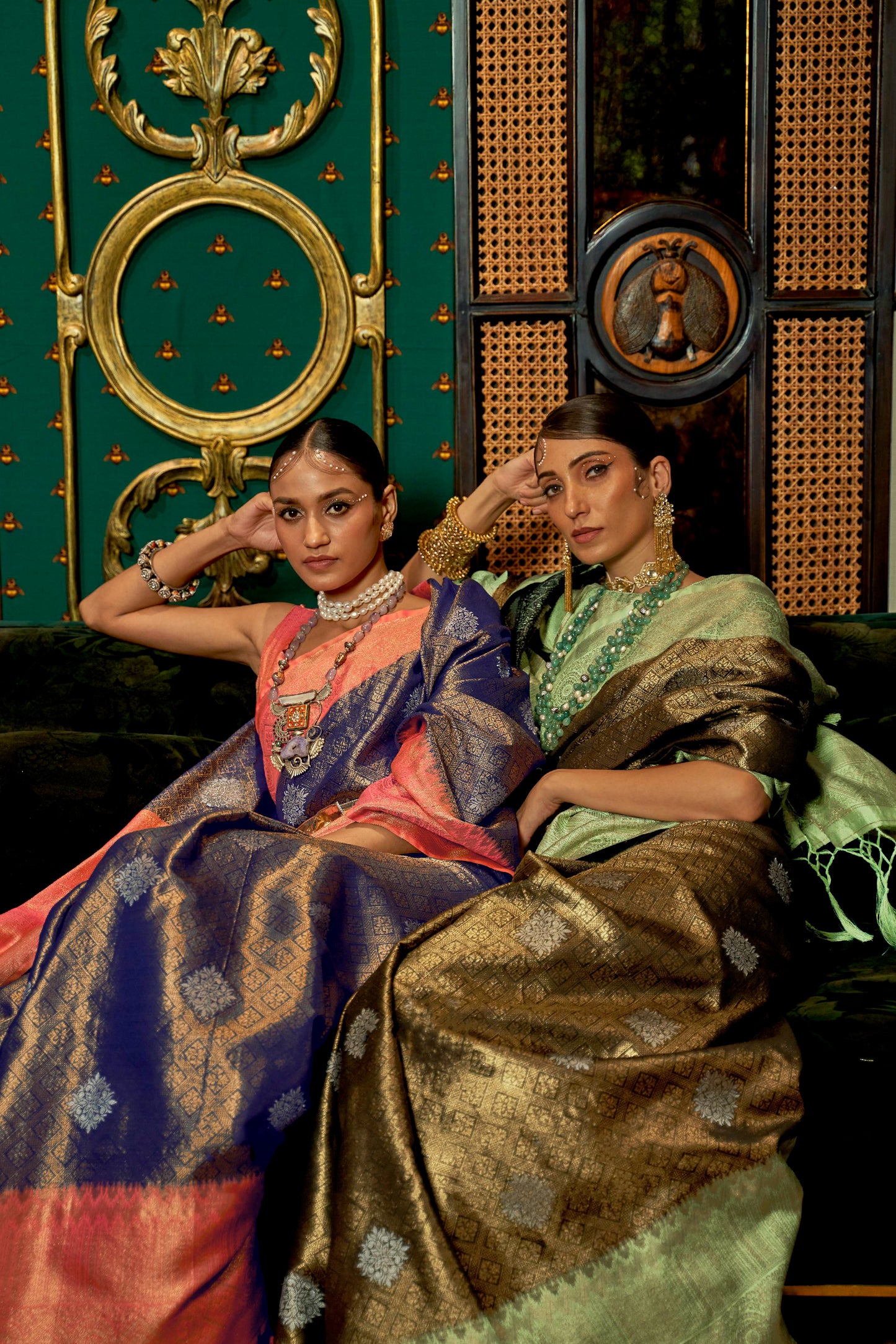 Copper Grey Shimmer Silk Kanjivaram Style Saree with Green Border