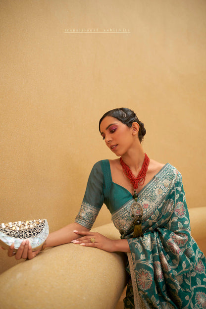 Poison Green Meenakari Woven Chikankari Saree with Designer Pallu