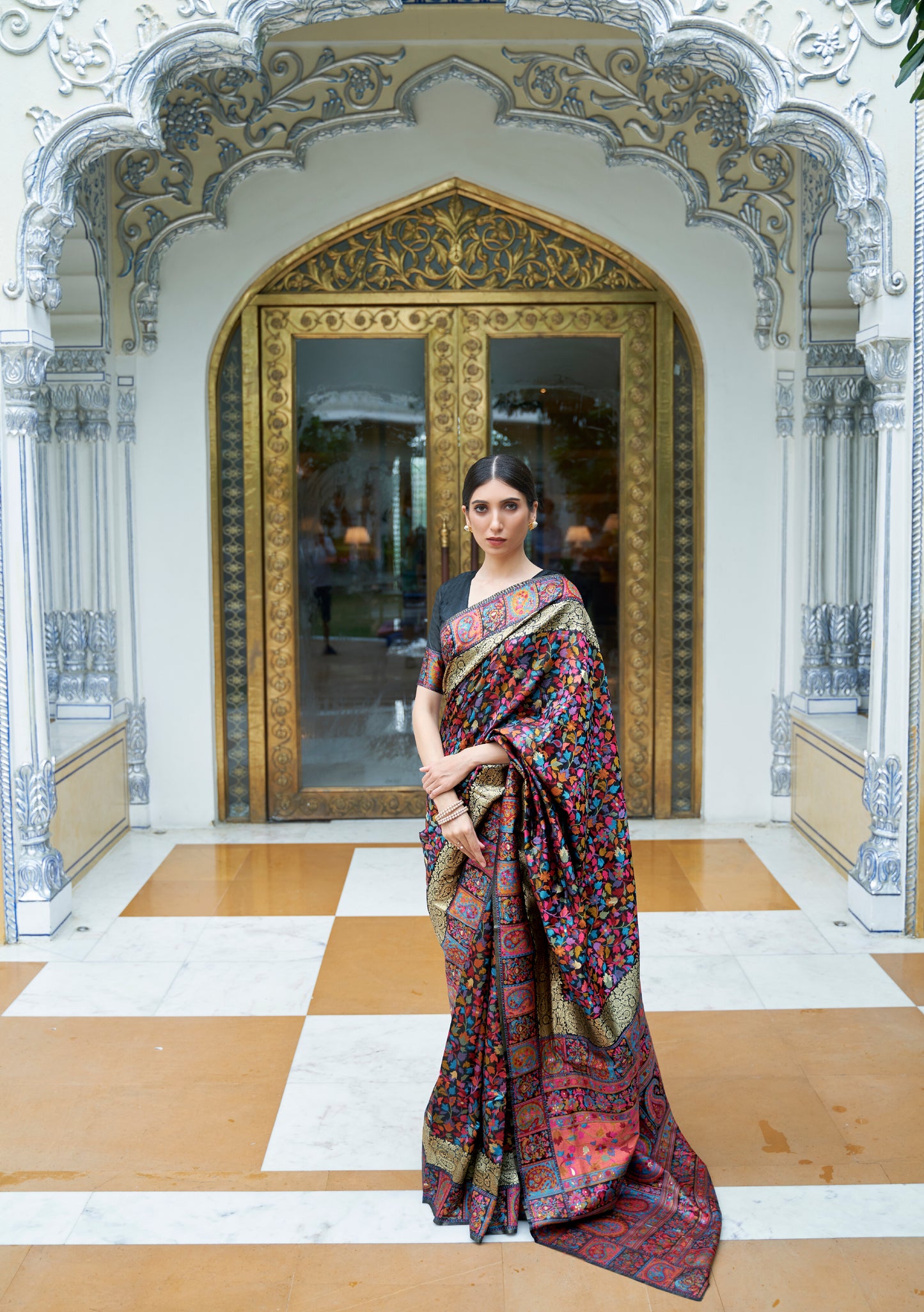 Noir Black Kashmiri Handloom Modal Silk Woven Kani Saree for Weddings