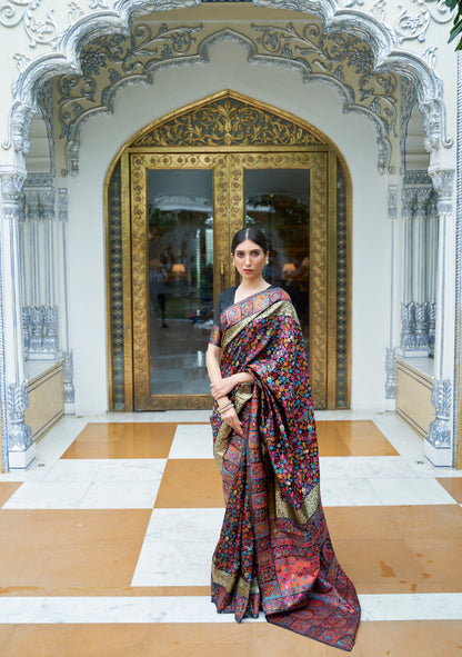 Noir Black Kashmiri Handloom Modal Silk Woven Kani Saree for Weddings
