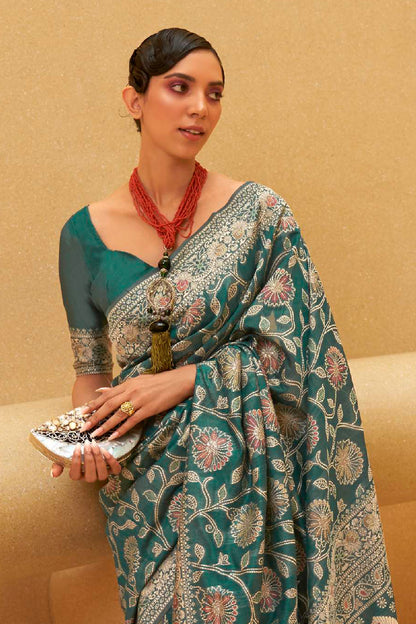 Poison Green Meenakari Woven Chikankari Saree with Designer Pallu
